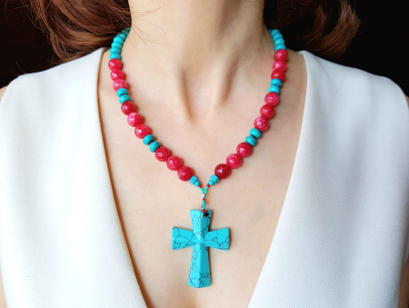 Colier cu jad rosu, turcoaz si pandantiv cruce turcoaz [0]