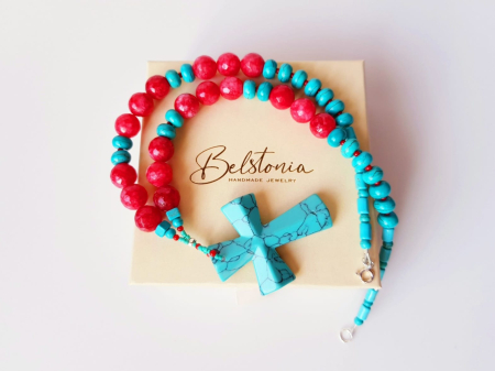 Colier cu jad rosu, turcoaz si pandantiv cruce turcoaz [4]