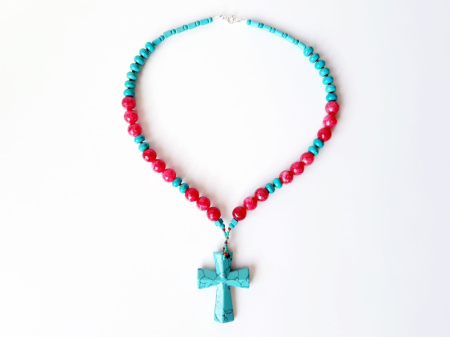 Colier cu jad rosu, turcoaz si pandantiv cruce turcoaz [2]