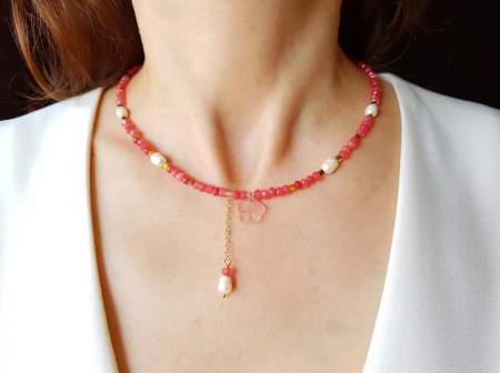 Coliere Handmade cu Pietre Semipretioase - Colier cu jad roz, perle naturale, hematit si cuart cherry