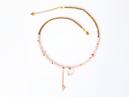 Colier cu jad somon, hematit auriu si pandantiv floricica din cuart chery [1]