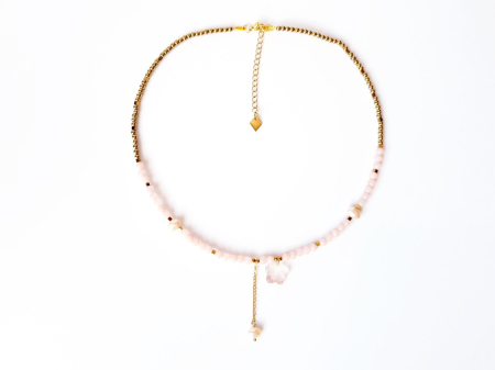 Colier cu jad somon, hematit auriu si pandantiv floricica din cuart chery [2]