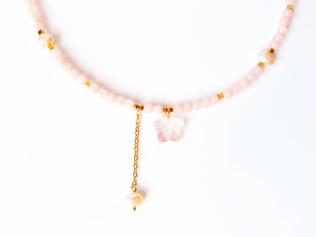 Colier cu jad somon, hematit auriu si pandantiv floricica din cuart chery [3]