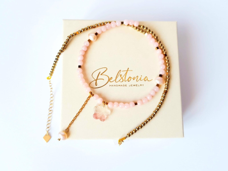 Colier cu jad somon, hematit auriu si pandantiv floricica din cuart chery [6]