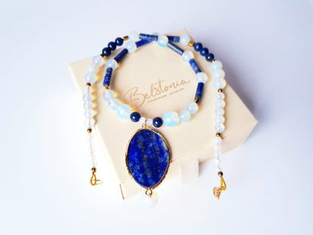 Colier cu lapis lazuli, opalit, hematit auriu si pandantiv lapis lazuli [5]