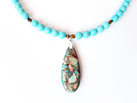 Colier cu turcoaz, ochi de tigru si pandantiv regalite bleu argintiu [3]