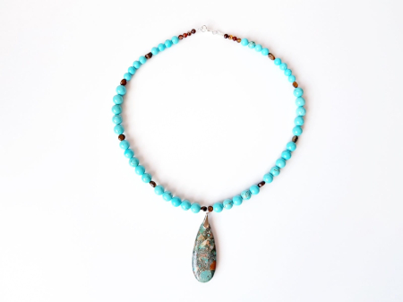 Colier cu turcoaz, ochi de tigru si pandantiv regalite bleu argintiu [1]