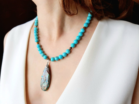 Colier cu turcoaz, ochi de tigru si pandantiv regalite bleu argintiu [4]