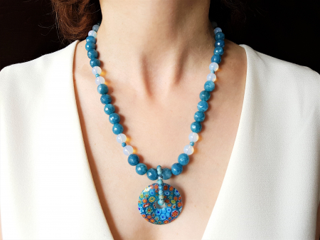SALES - Colier de jad si opalit, cu pandantiv lampwork detasabil