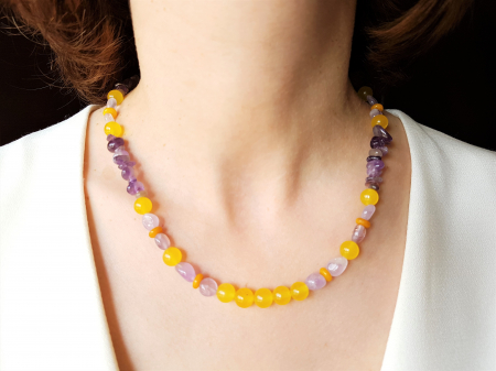 Coliere Handmade cu Pietre Semipretioase - Colier din jad galben si ametist