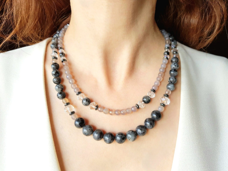 COLIERE - Colier doua siraguri cu labradorit, agat gri si hematit