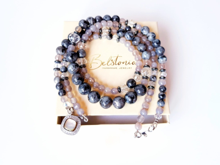 Colier doua siraguri cu labradorit, agat gri si hematit [3]