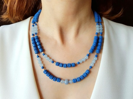 SALES - Colier doua siraguri din jad bleu, lava albastra si hematit