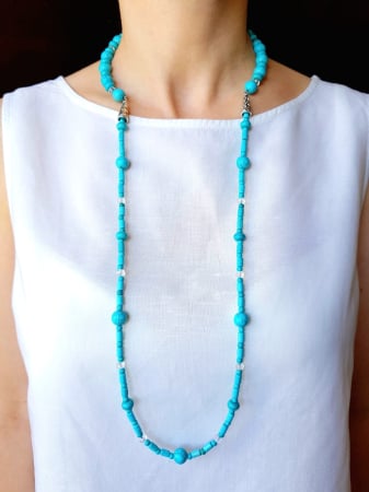 Coliere Handmade cu Pietre Semipretioase - Colier lung cu turcoaz reconstituit si cristale fatetate