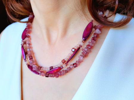 Colier multisir cu jad crem, cuart cherry si sidef visiniu [6]