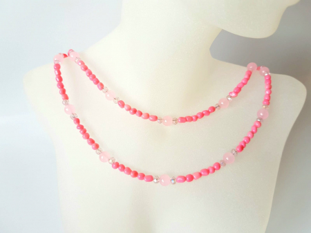 Coliere Handmade Medii - Coliere mama si fiica, cu coral roz si cuart roz