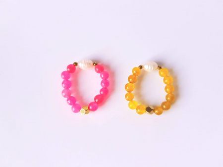 INELE - Set 2 inele - agate fucsia, jad galben, perle de cutura, hematit auriu