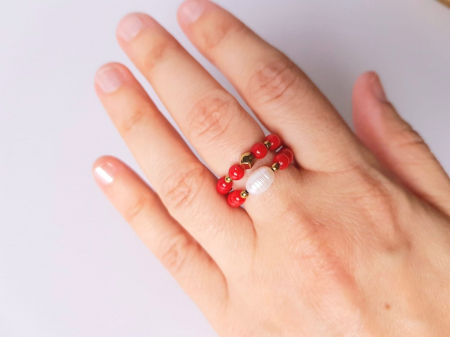INELE - Set 2 inele - coral rosu, perla de cutura, hematit auriu
