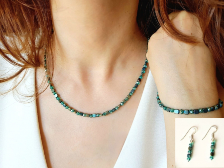 Seturi Handmade - Colier, cercei si bratara - Set colier, cercei si bratara cu hematit placat bleu turcoaz
