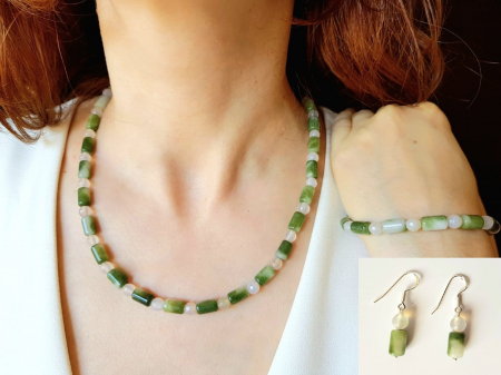 Seturi Handmade - Colier, cercei si bratara - Set colier, cercei si bratara cu jad verde alb
