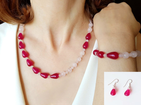 Seturi Handmade - Colier, cercei si bratara - Set colier, cercei si bratara, cu jad visiniu si cuart roz