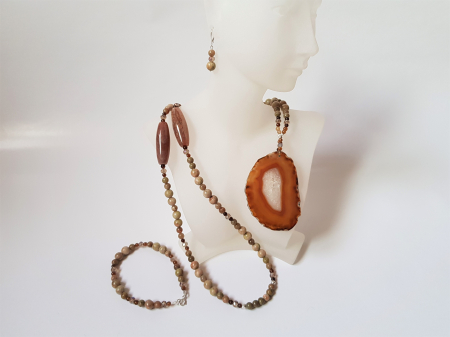 Seturi Handmade - Colier, cercei si bratara - Set colier, cercei si bratara cu unakite si agate maro