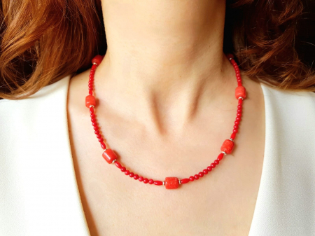 Set colier si cercei coral rosu si jad rosu [7]