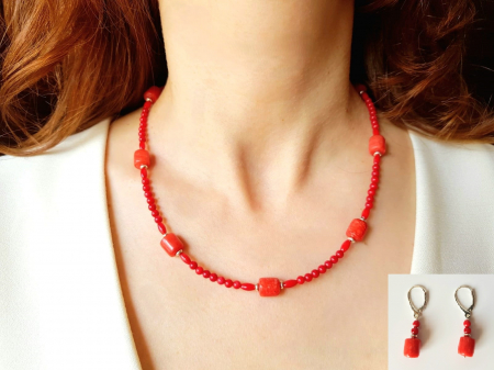 Seturi Handmade - Colier si cercei - Set colier si cercei coral rosu si jad rosu