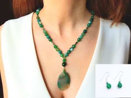 Seturi Handmade - Colier si cercei - Set colier si cercei cu agate dantelate verzi, hematit si pandantiv agata ovala