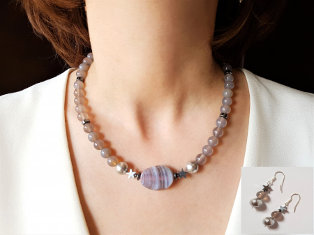 Seturi Handmade - Colier si cercei - Set colier si cercei cu agate gri, hematite si perle