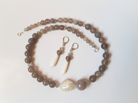 Set colier si cercei cu agate gri, perla baroc si sidef picaturi [5]