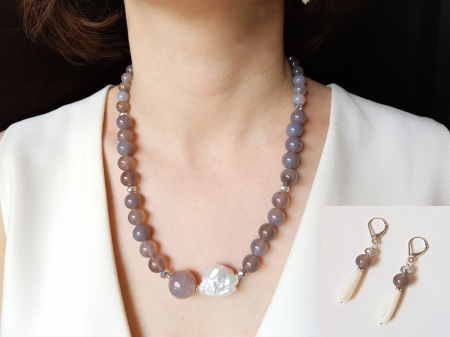 Seturi Handmade - Colier si cercei - Set colier si cercei cu agate gri, perla baroc si sidef picaturi