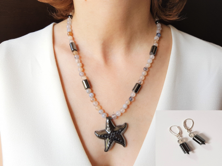 Seturi Handmade - Colier si cercei - Set colier si cercei cu agate, hematite si pandantiv stea de mare