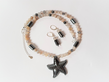 Set colier si cercei cu agate, hematite si pandantiv stea de mare [3]