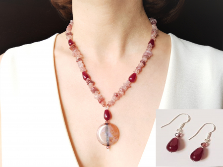 Seturi Handmade - Colier si cercei - Set colier si cercei cu cuart cherry si jad