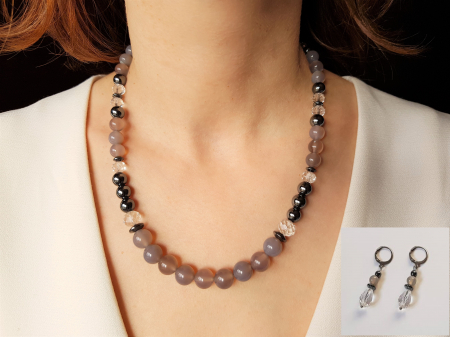 Seturi Handmade - Colier si cercei - Set colier si cercei cu hematite, cuart gri si cristale