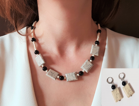 Seturi Handmade - Colier si cercei - Set colier si cercei cu howlit si agate negre