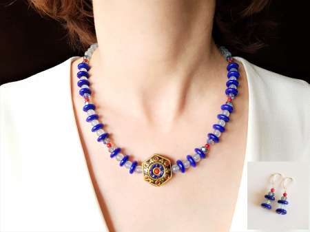 Seturi Handmade - Colier si cercei - Set colier si cercei cu jad, agate, coral si margea tibetana centrala