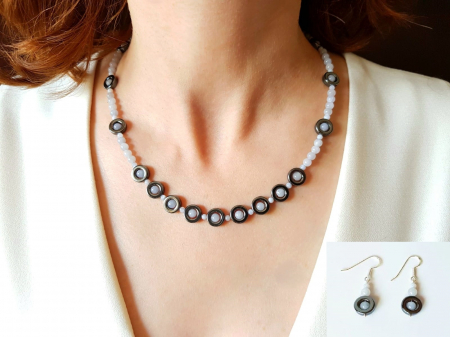 Seturi Handmade - Colier si cercei - Set colier si cercei cu jad bleu, sidef  si hematit
