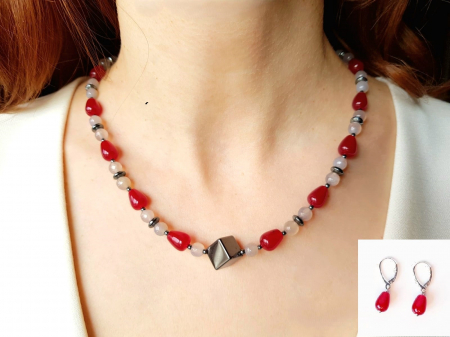 Seturi Handmade - Colier si cercei - Set colier si cercei cu jad coniac, agate gri si hematit