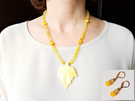Seturi Handmade - Colier si cercei - Set colier si cercei cu jad galben si pandantiv frunza de jad