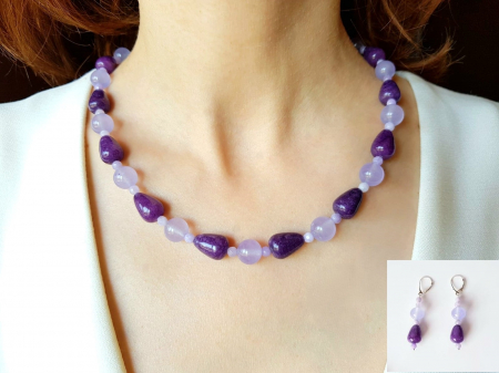 Seturi Handmade - Colier si cercei - Set colier si cercei cu jad lila si jad mov
