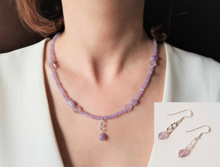 Seturi Handmade - Colier si cercei - Set colier si cercei cu jad lila si pisicute de argint