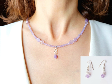 Seturi Handmade - Colier si cercei - Set colier si cercei cu jad lila si pisicute de argint