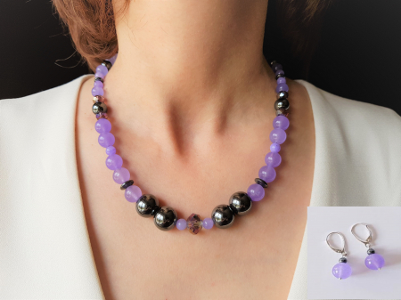 Seturi Handmade - Colier si cercei - Set colier si cercei cu jad mov, hematite si cristale