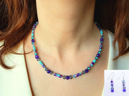 Seturi Handmade - Colier si cercei - Set colier si cercei cu jad mov, jasp imperial  si cristale