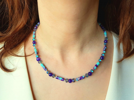 Set colier si cercei cu jad mov, jasp imperial  si cristale [6]