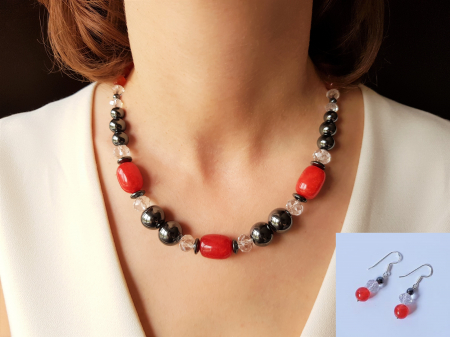 Seturi Handmade - Colier si cercei - Set colier si cercei cu jad rosu, hematite si cristale