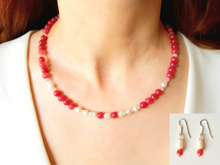 Seturi Handmade - Colier si cercei - Set colier si cercei cu jad rosu si perle de cultura