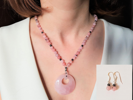 Seturi Handmade - Colier si cercei - Set colier si cercei cu jad roz, hematite si pandantiv cuart roz